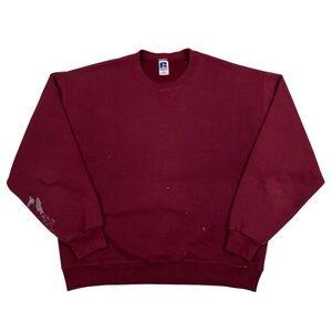Vintage 90s Russell Distressed Faded & Painted Maroon Crew Neck Sweatshirt